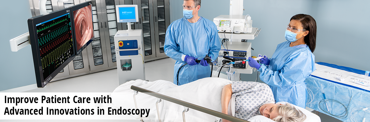 Endoscope devices in-use during GI endoscopy procedure.