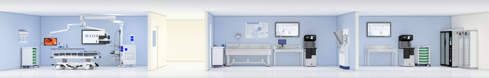 Panoramic endoscopy suite with equipment, workstations, monitors, and storage units