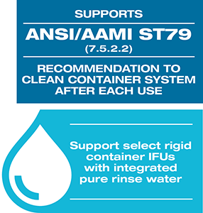 Supports rigid container IFUs with integrated pure water rinse