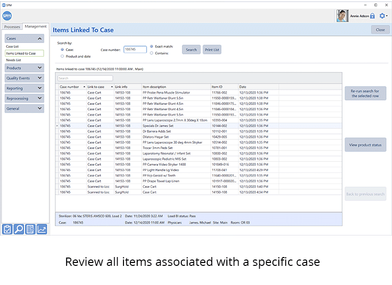 Review all items associated with a specific case.