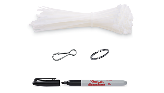 Accessories for surgical instrument identification, including tags and markers.