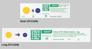 Unprocessed short and long VERIFY SixCess 270°F 4 minute indicator stripes - color coded for cycle