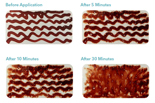 Blood coupons before and after applicationon of PRE-KLENZ point of use processing gel.