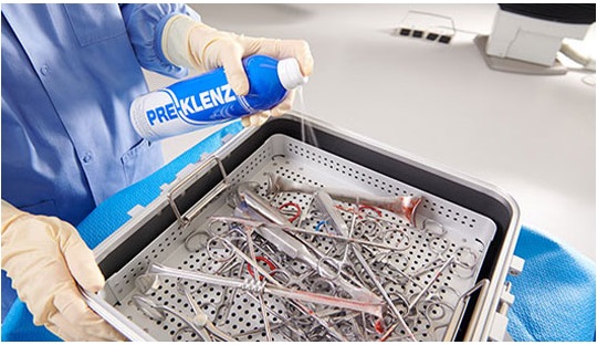 PRE-KLENZ initiates pre-cleaning of dirty surgical instruments in the operating room