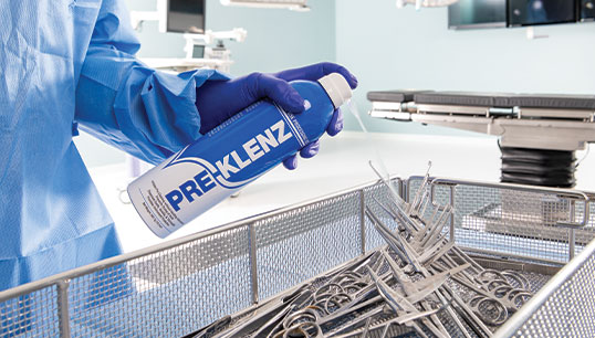 Pre-Klenz point of use processing gel being used to clean surgical instruments