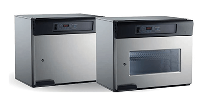 Glass and steel warming cabinet closed