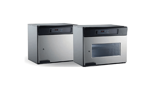 Glass and steel warming cabinet closed