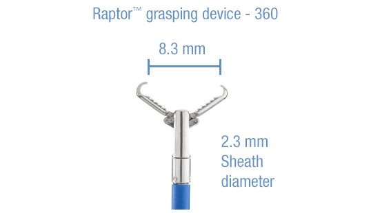 Raptor grasping device – 360 with rotatable forceps, 8.3mm opening, and 2.3mm sheath diameter.