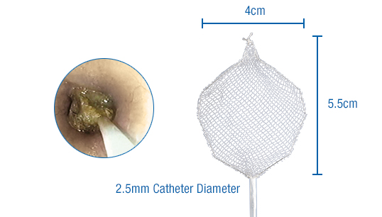 Dimensions of Roth Net Retriever food bolus. 4cm width x 5.5cm height. 2.5mm catheter diameter